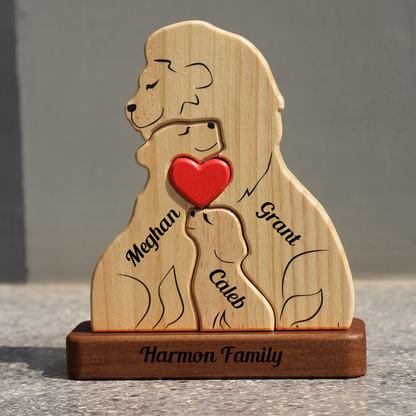 Personalisierte Löwenfamilie aus Holz - Puzzle Holzfamilie - Holzschnitzereien für Haustiere