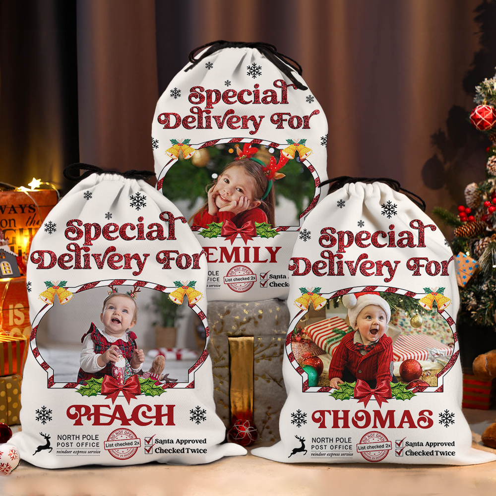 Glitter Special Delivery Christmas Sack - Custom Photo Name Presents Bag - Christmas Gift