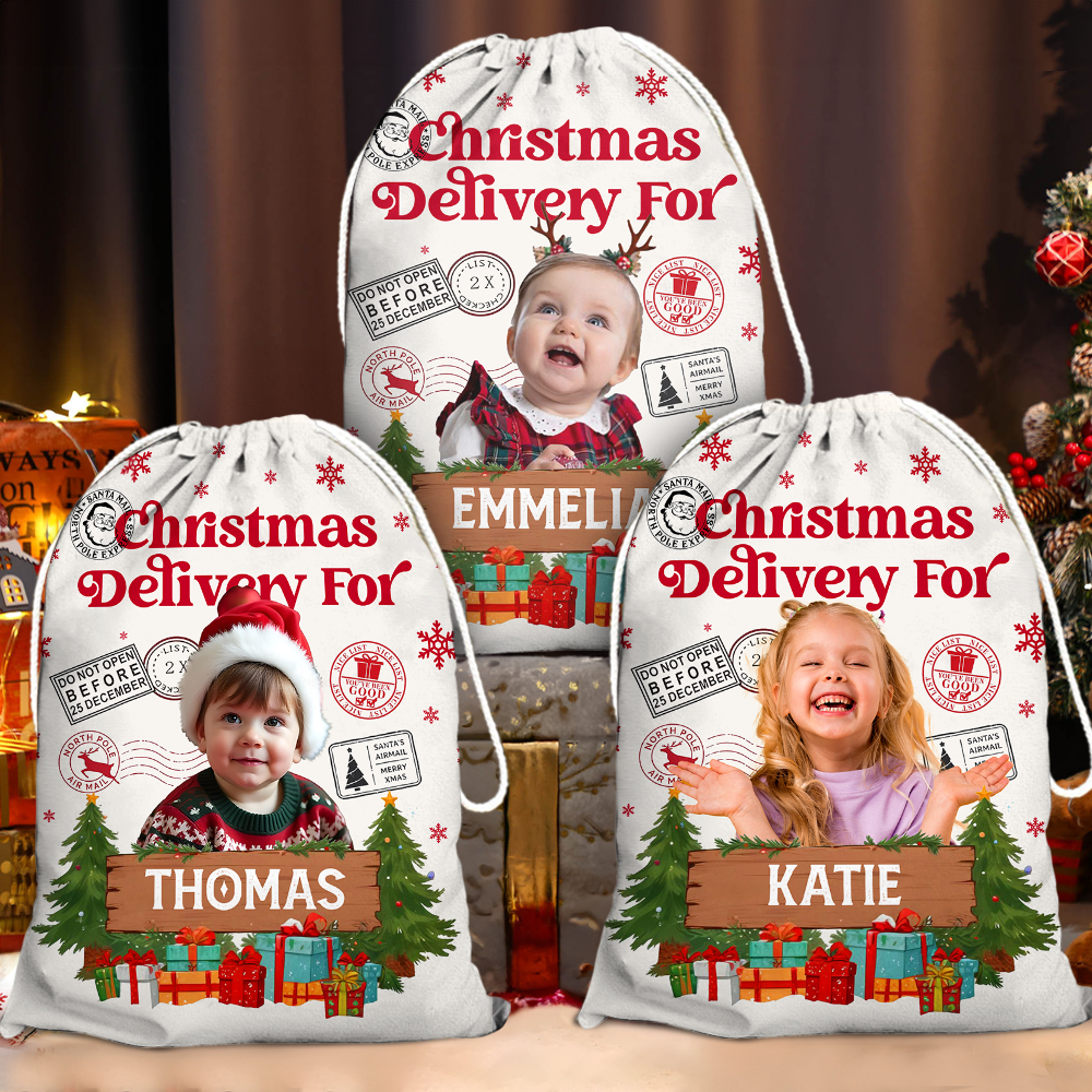 Personalized Santa Christmas Sack - Special Delivery Gift Bag - Custom Name Photo Christmas Bag