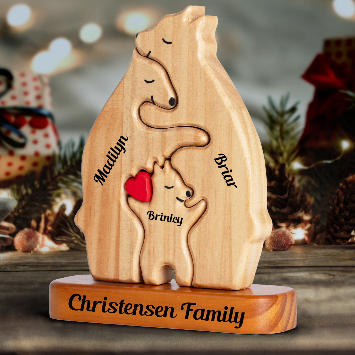 Personalisierte Holzbärenfamilie mit Herzen - Puzzle Holzbärenfamilie - Holzschnitzereien für Haustiere