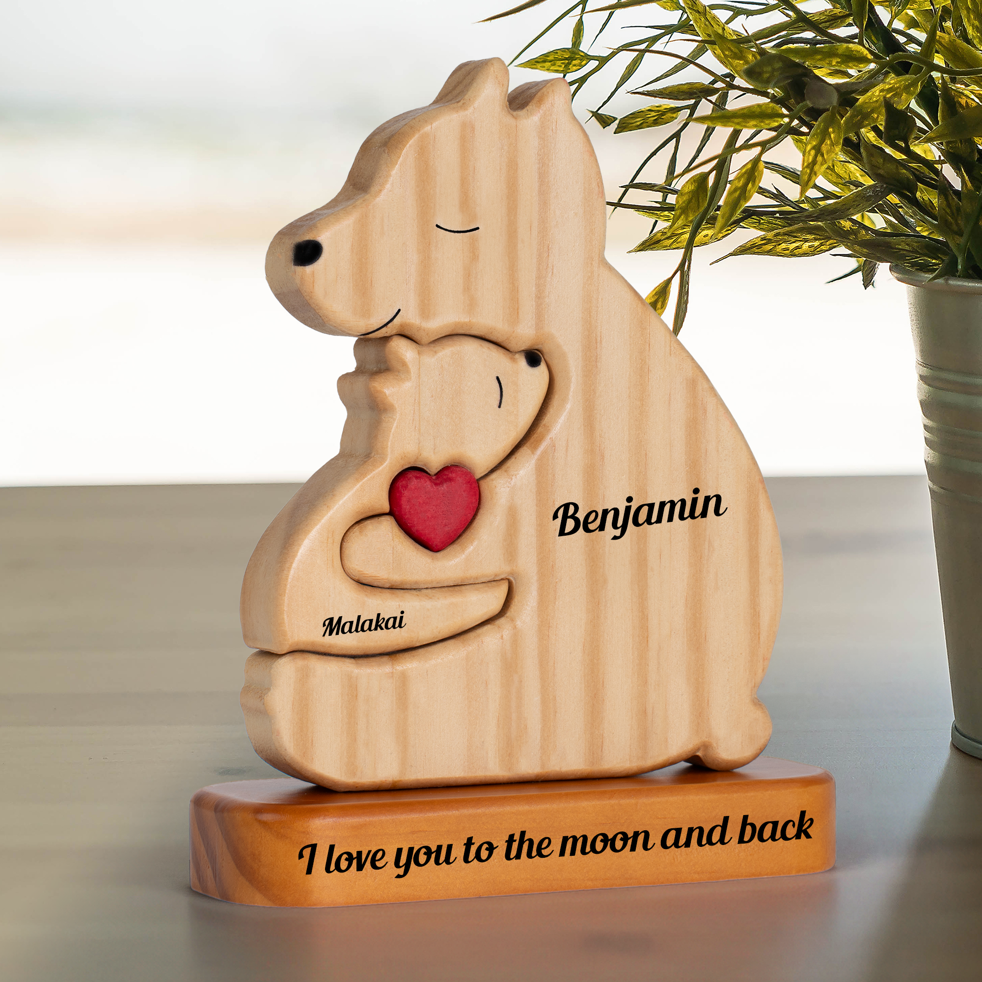 Personalized Single Parent Family With Stand - Puzzle Wooden Bear Family - Wooden Pet Carvings