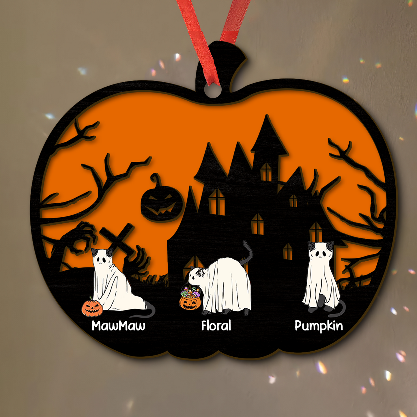 Halloween Cat Ghost Cute Boo Pumpkin Season - Personalized Custom Suncatcher Ornament