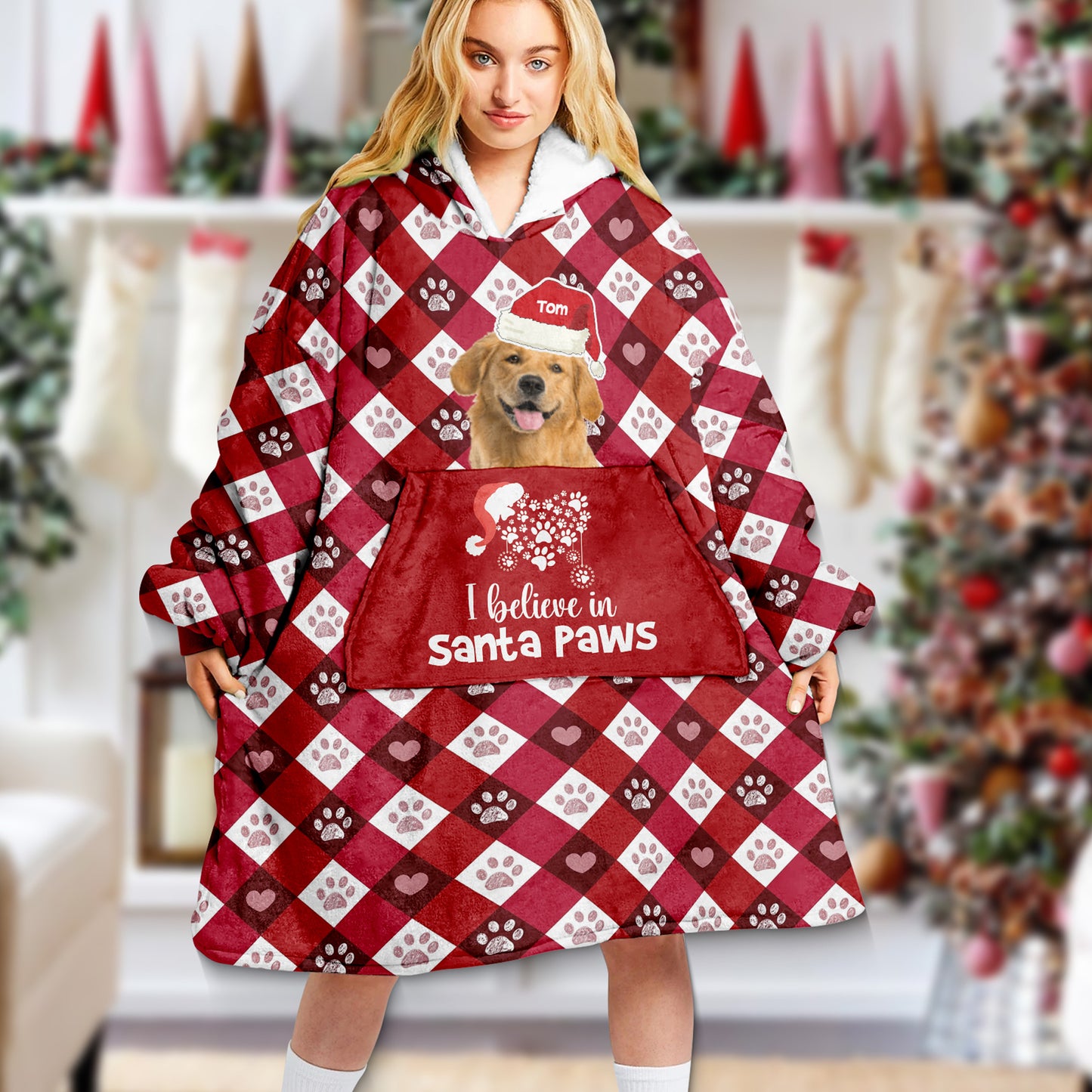 I Believe In Santa Paw Gift For Dog Lovers - Upload Your Dog Picture - Wearable Blanket Hoodie