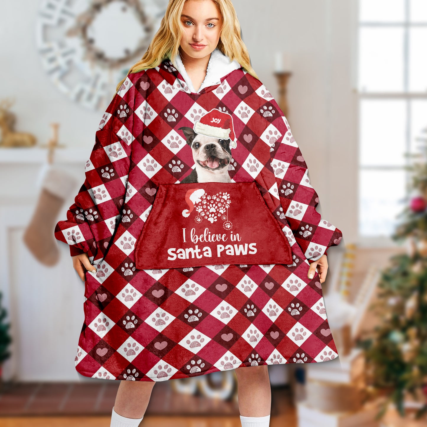 I Believe In Santa Paw Gift For Dog Lovers - Upload Your Dog Picture - Wearable Blanket Hoodie