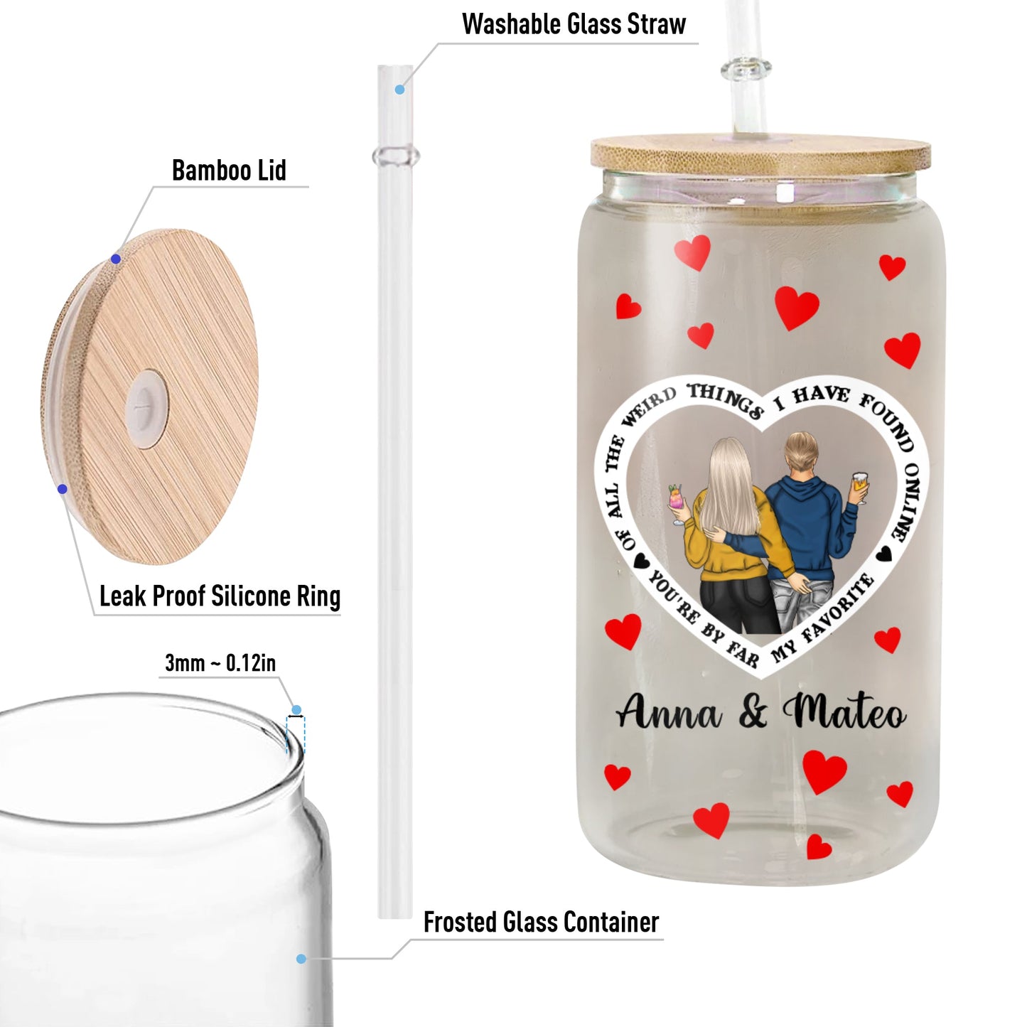 Ich habe dich bei weitem gefunden, mein liebstes Jubiläumsgeschenk für Paare, Glasflasche/Mattflasche mit Deckel und Strohhalm – personalisierte Glasflasche