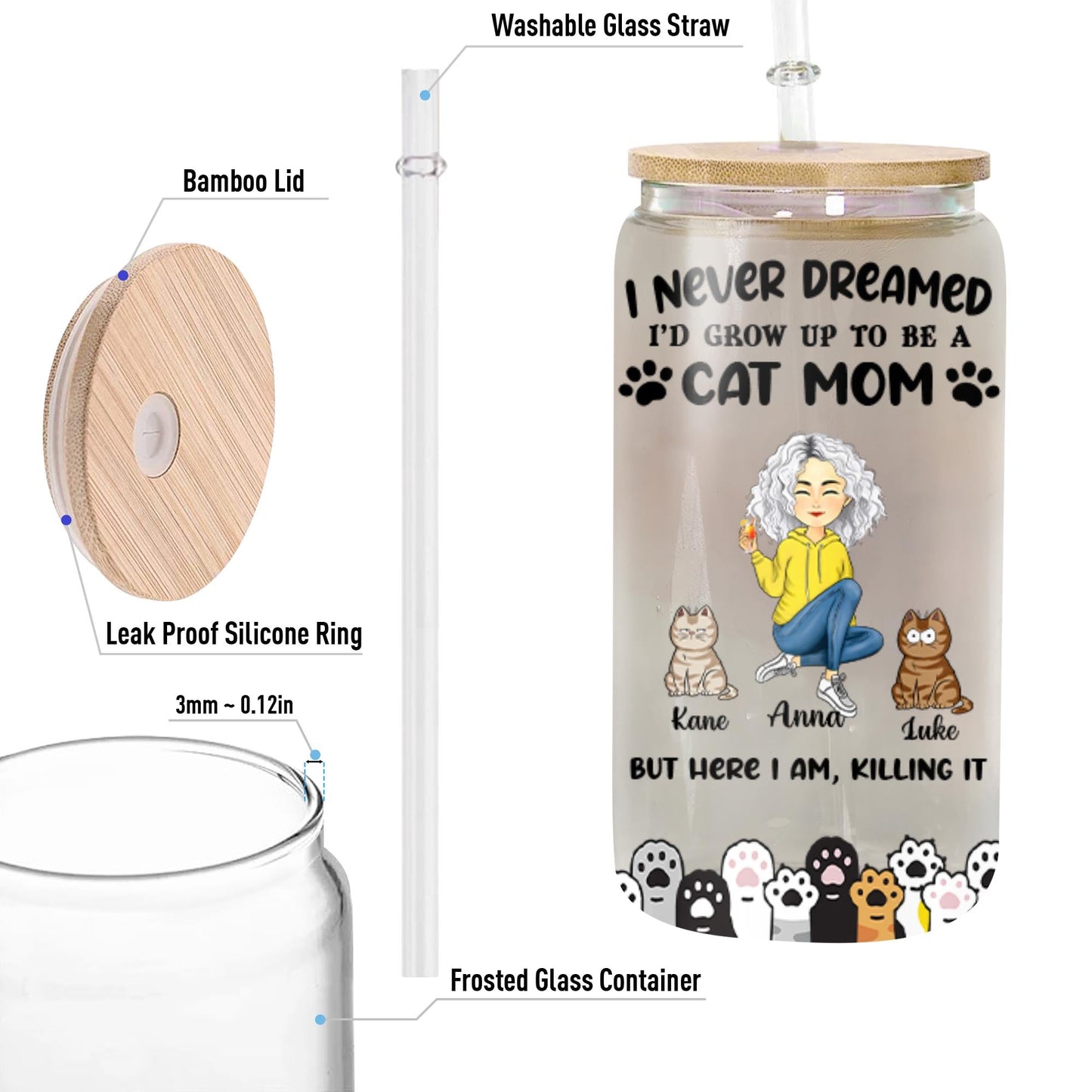 I Never Dreamed I Would Grow Up To Be A Cat Mom Best Gift For Mom Glass Bottle/Frosted Bottle With Lid & Straw Mother Gift - Personalized Glass Bottle