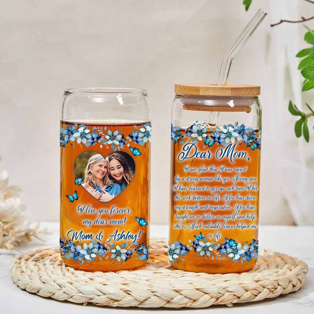 Liebesbrief für Mutter. Laden Sie Ihr Foto hoch. Bestes Geschenk für Mama. Glasflasche/Mattflasche mit Deckel und Strohhalm. Muttergeschenk – personalisierte Glasflasche