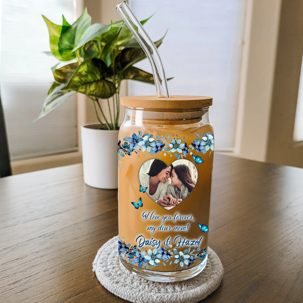 Liebesbrief für Mutter. Laden Sie Ihr Foto hoch. Bestes Geschenk für Mama. Glasflasche/Mattflasche mit Deckel und Strohhalm. Muttergeschenk – personalisierte Glasflasche