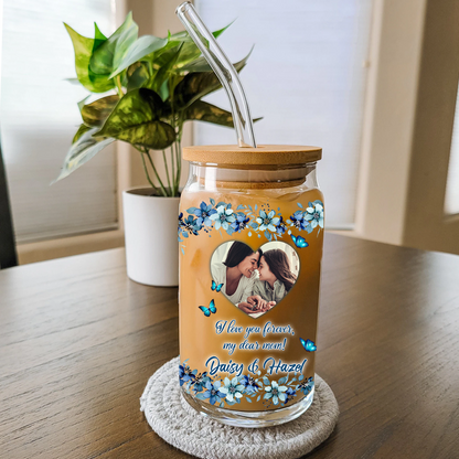 Liebesbrief für Mutter. Laden Sie Ihr Foto hoch. Bestes Geschenk für Mama. Glasflasche/Mattflasche mit Deckel und Strohhalm. Muttergeschenk – personalisierte Glasflasche