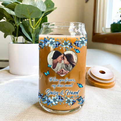 Liebesbrief für Mutter. Laden Sie Ihr Foto hoch. Bestes Geschenk für Mama. Glasflasche/Mattflasche mit Deckel und Strohhalm. Muttergeschenk – personalisierte Glasflasche