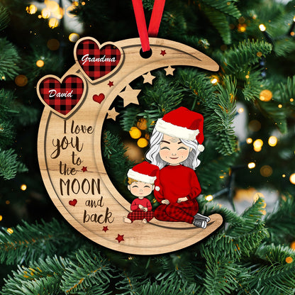 Love You To The Moon And Back Grandma And Her Kids - Custom Shape Wood Ornament - 1 Layered Wood Ornament