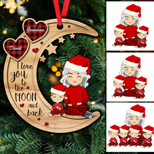 Love You To The Moon And Back Grandma And Her Kids - Custom Shape Wood Ornament - 1 Layered Wood Ornament