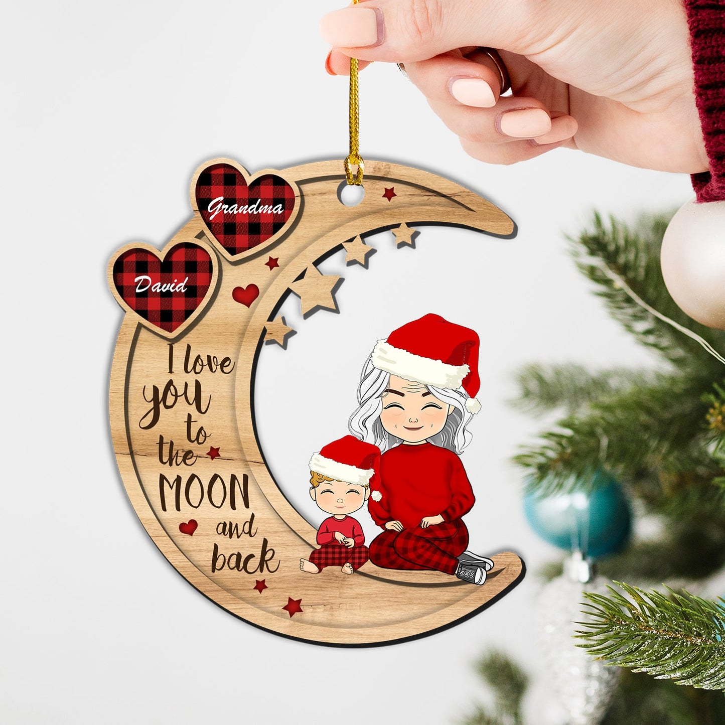 Love You To The Moon And Back Grandma And Her Kids - Custom Shape Wood Ornament - 1 Layered Wood Ornament