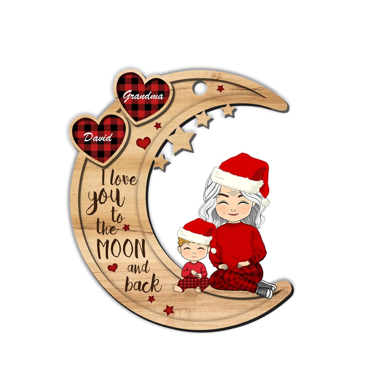 Love You To The Moon And Back Grandma And Her Kids - Custom Shape Wood Ornament - 1 Layered Wood Ornament