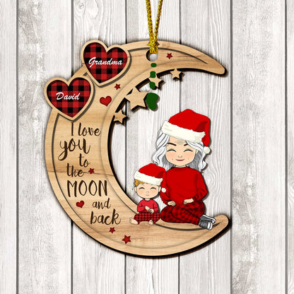 Love You To The Moon And Back Grandma And Her Kids - Custom Shape Wood Ornament - 1 Layered Wood Ornament