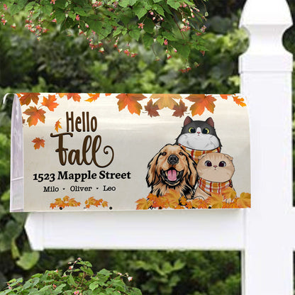 Personalized Cat Dog Hello Fall Season Mailbox Cover, Funny Gift For Pet Lovers