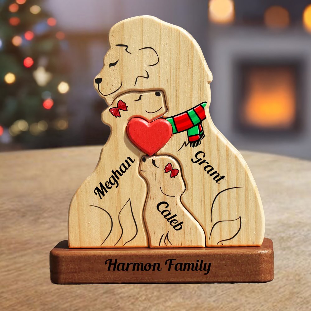 Personalisierte Löwenfamilie aus Holz - Puzzle Holzfamilie - Holzschnitzereien für Haustiere