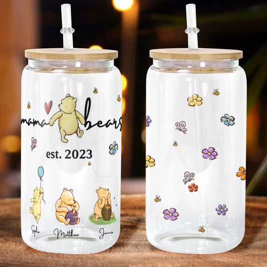 Mama Bear And Baby Bears Best Gift For Mom Glass Bottle/Frosted Bottle With Lid & Straw Mother Gift - Personalized Glass Bottle