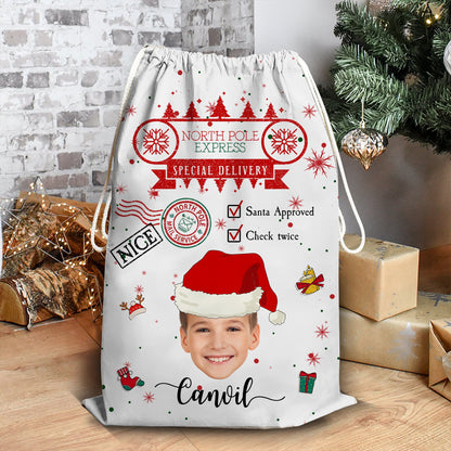 Netter Weihnachtssack mit Weihnachtsmann-Motiv, zweimal kariert – Laden Sie Fotos Ihrer Kinder hoch – personalisierter, individueller Weihnachtssack 