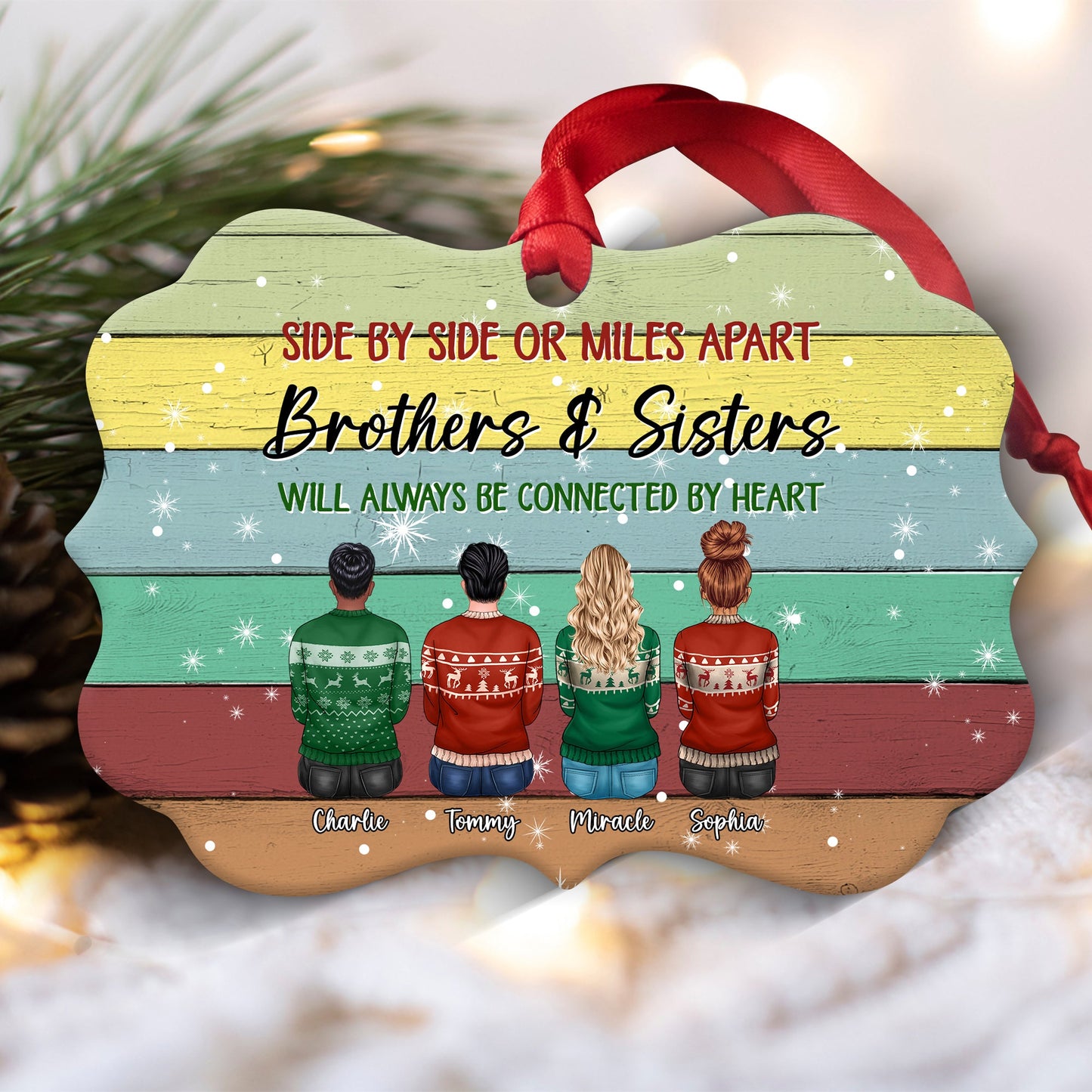 Sisters And Brothers Connected By Heart - Personalized Ornament - Ugly Christmas Sweater Sitting