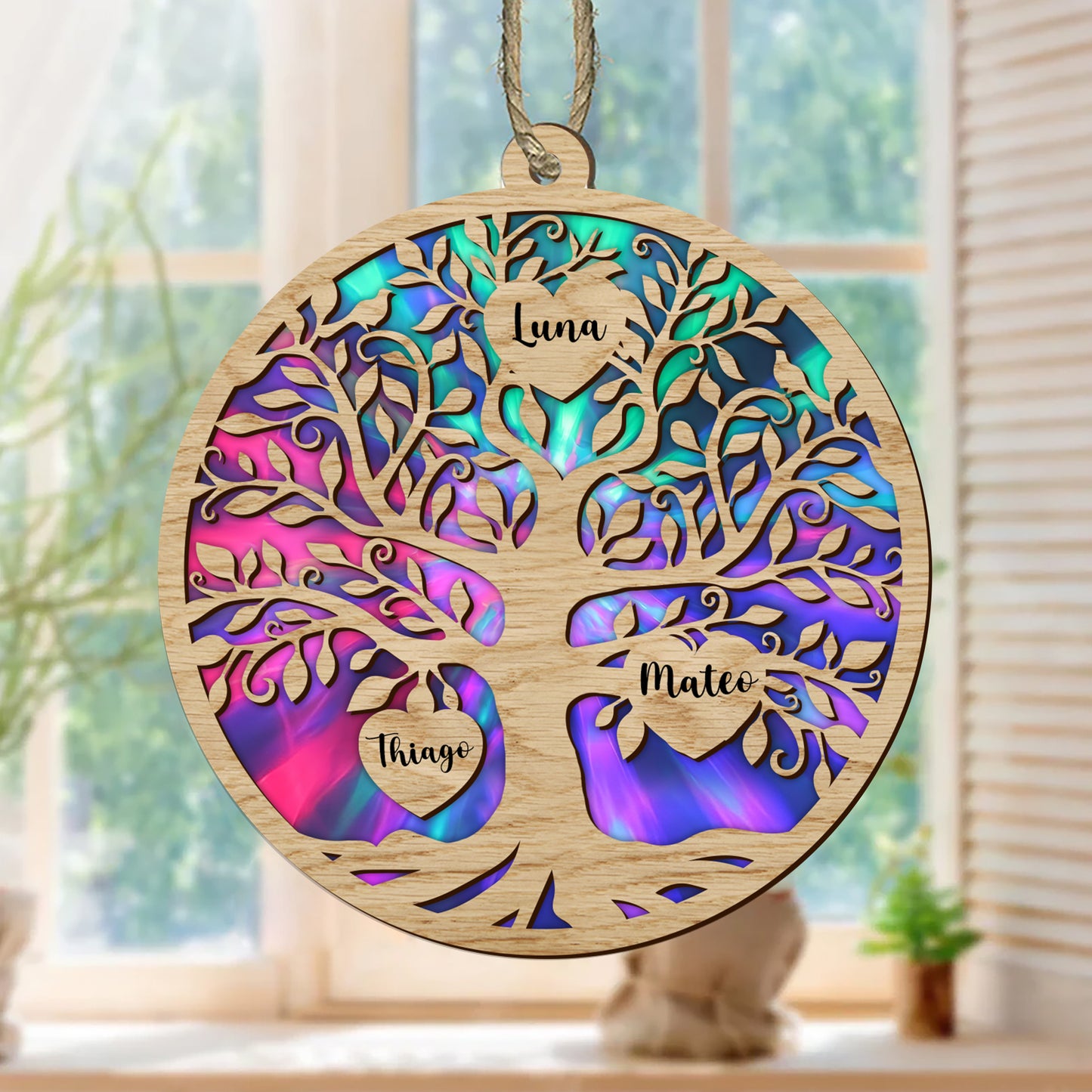 Familienlebensbaum Personalisiertes Sonnenfänger-Ornament für die Familie - Personalisiertes individuelles Sonnenfänger-Ornament 