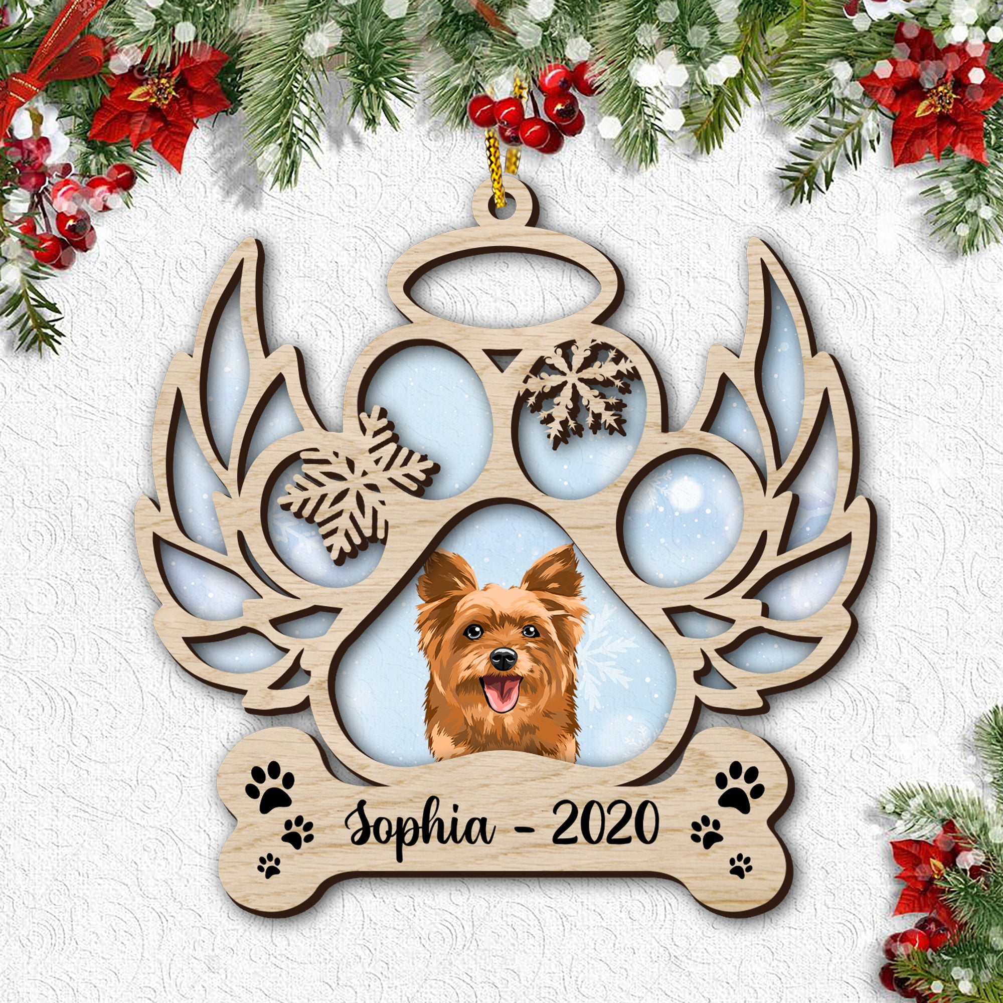 Memorial Dog Paw With Wings Ornament - Custom Shape Wood and Acrylic Ornament