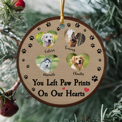 Personalisiertes Foto, das Sie mit Pfotenabdrücken in unseren Herzen hinterlassen haben – Erinnerungsgeschenk, Weihnachtsgeschenk für Hunde- und Katzenliebhaber – personalisiertes Keramikornament