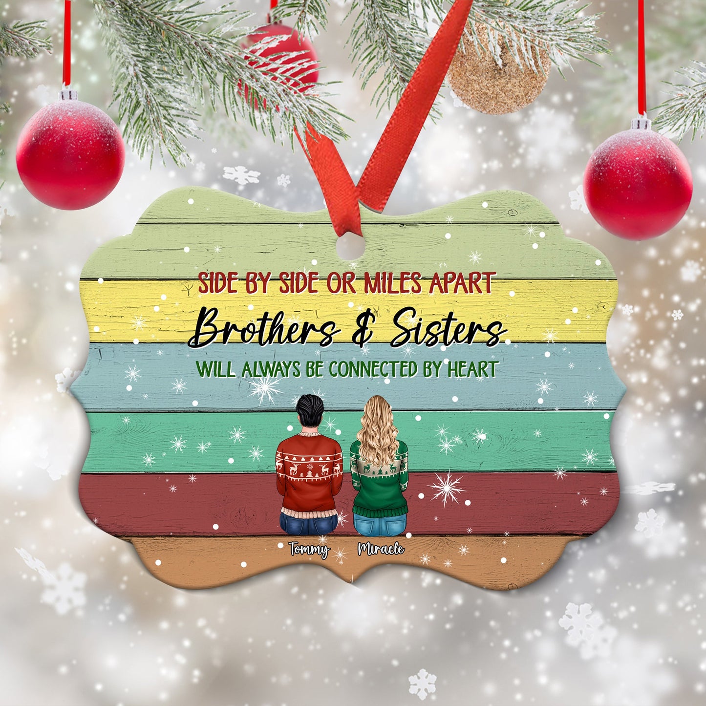 Sisters And Brothers Connected By Heart - Personalized Ornament - Ugly Christmas Sweater Sitting