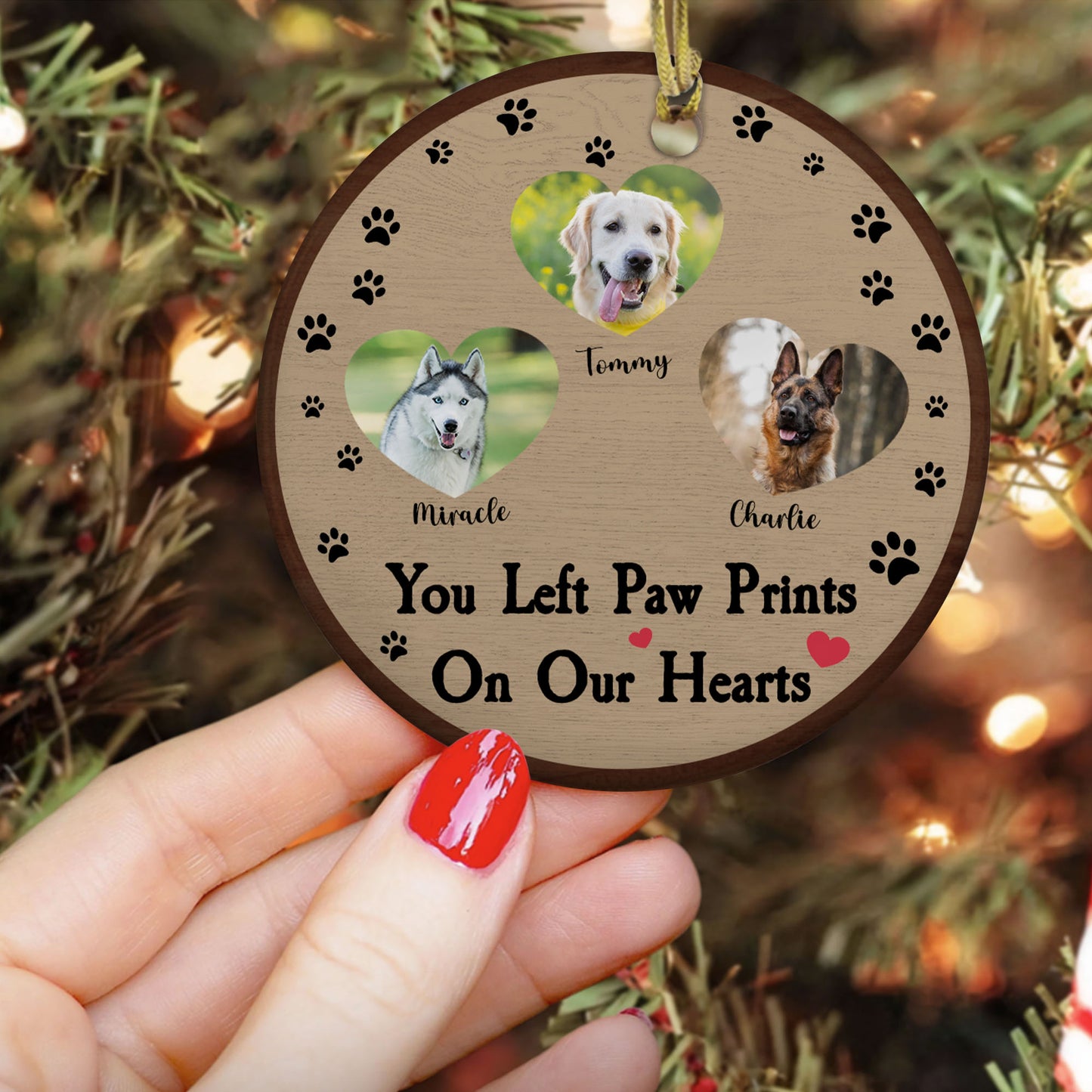 Personalisiertes Foto, das Sie mit Pfotenabdrücken in unseren Herzen hinterlassen haben – Erinnerungsgeschenk, Weihnachtsgeschenk für Hunde- und Katzenliebhaber – personalisiertes Keramikornament