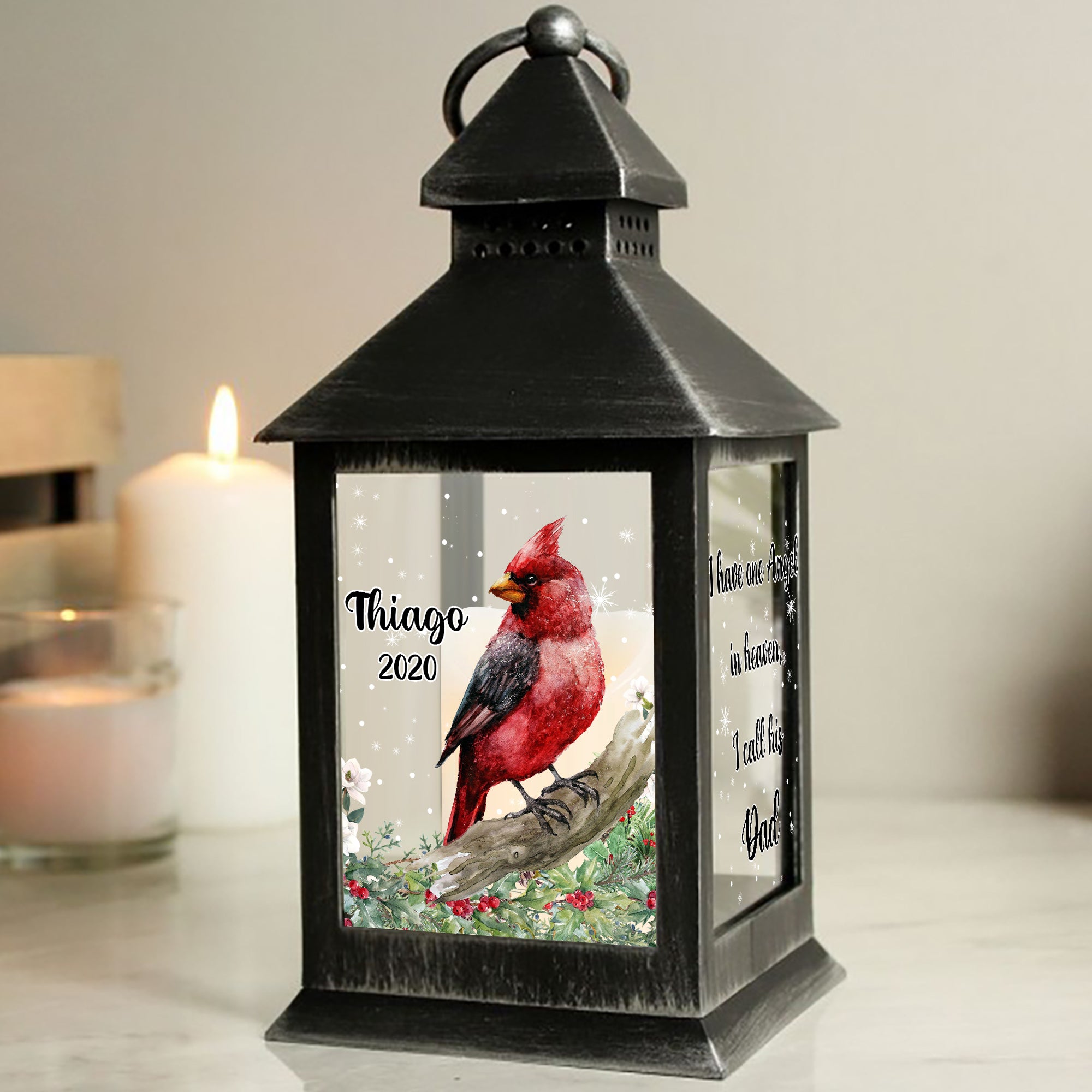 Personalized Memorial Lantern Red Cardinal, Memorial Gift, Sympathy Gift For Family