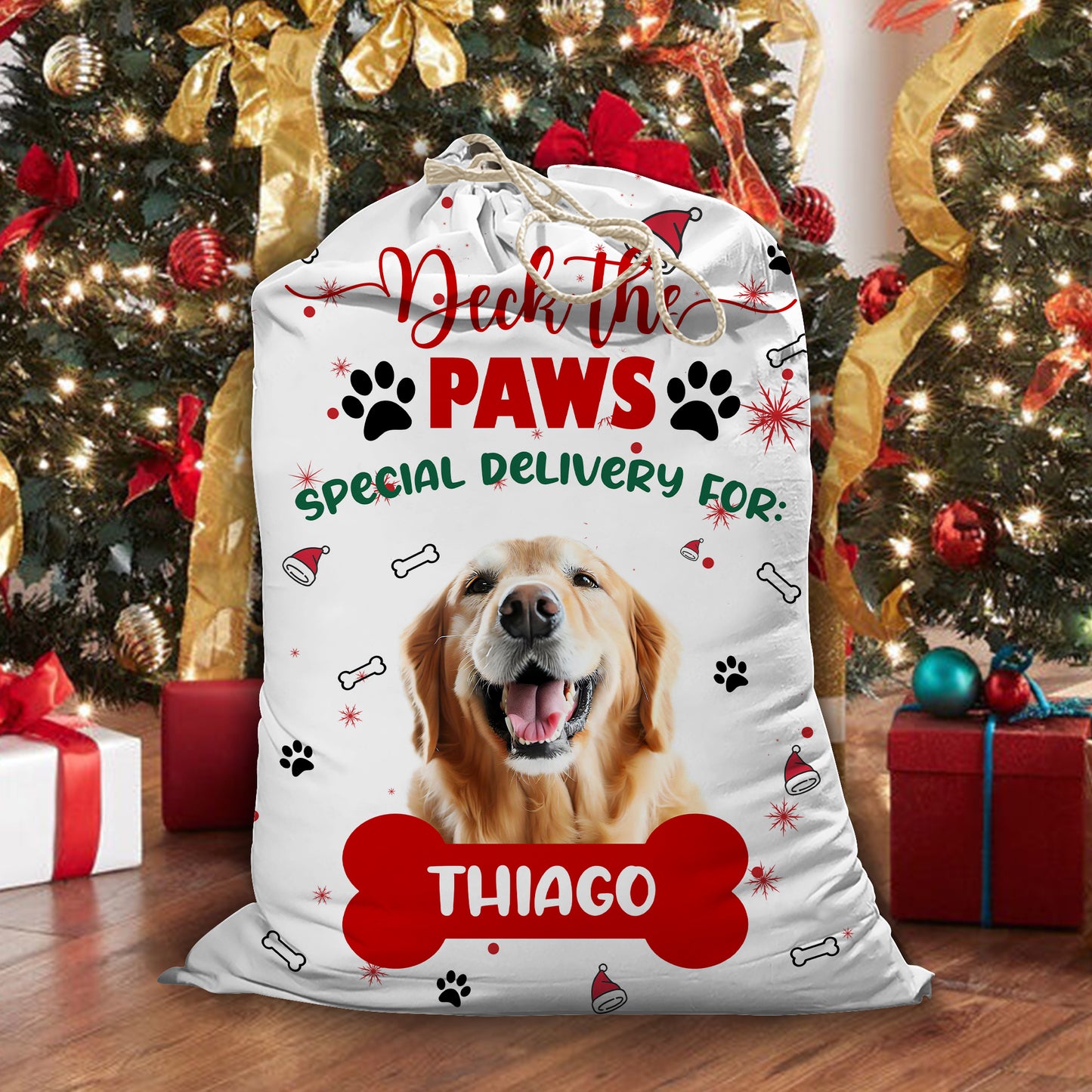 Deck The Paws Weihnachtssack „Lieber Weihnachtsmann, gute Hunde“ – personalisierter Weihnachtssack 