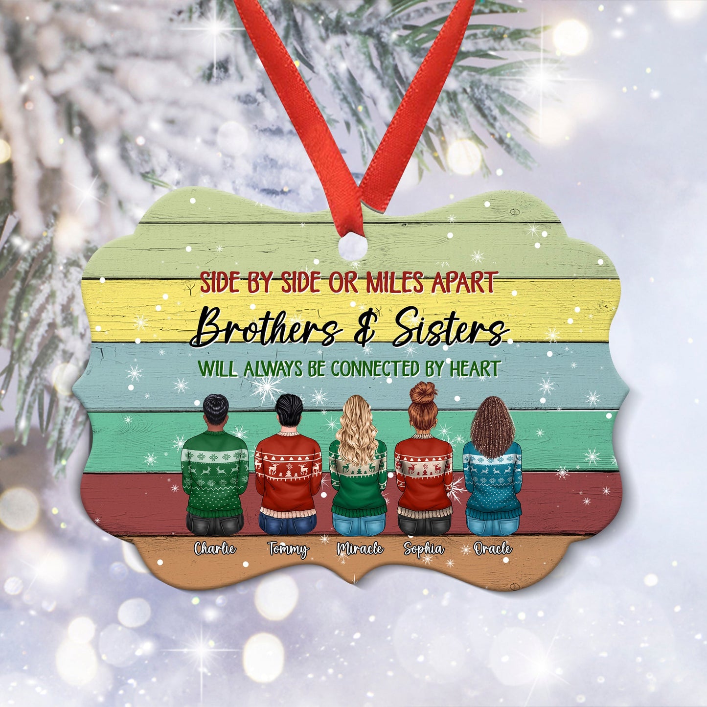 Sisters And Brothers Connected By Heart - Personalized Ornament - Ugly Christmas Sweater Sitting