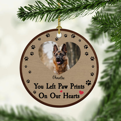 Personalisiertes Foto, das Sie mit Pfotenabdrücken in unseren Herzen hinterlassen haben – Erinnerungsgeschenk, Weihnachtsgeschenk für Hunde- und Katzenliebhaber – personalisiertes Keramikornament