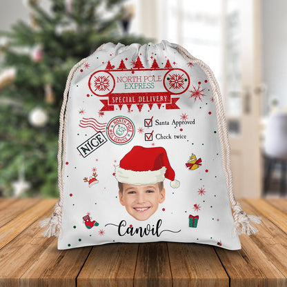 Netter Weihnachtssack mit Weihnachtsmann-Motiv, zweimal kariert – Laden Sie Fotos Ihrer Kinder hoch – personalisierter, individueller Weihnachtssack 