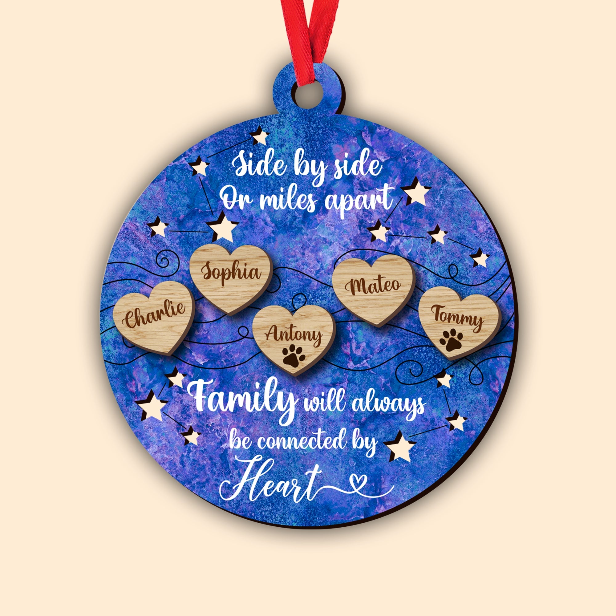 Side By Side or Miles Apart Family Christmas Ornament - Custom Shape Wood Ornament - Wood Ornament 2 Layered