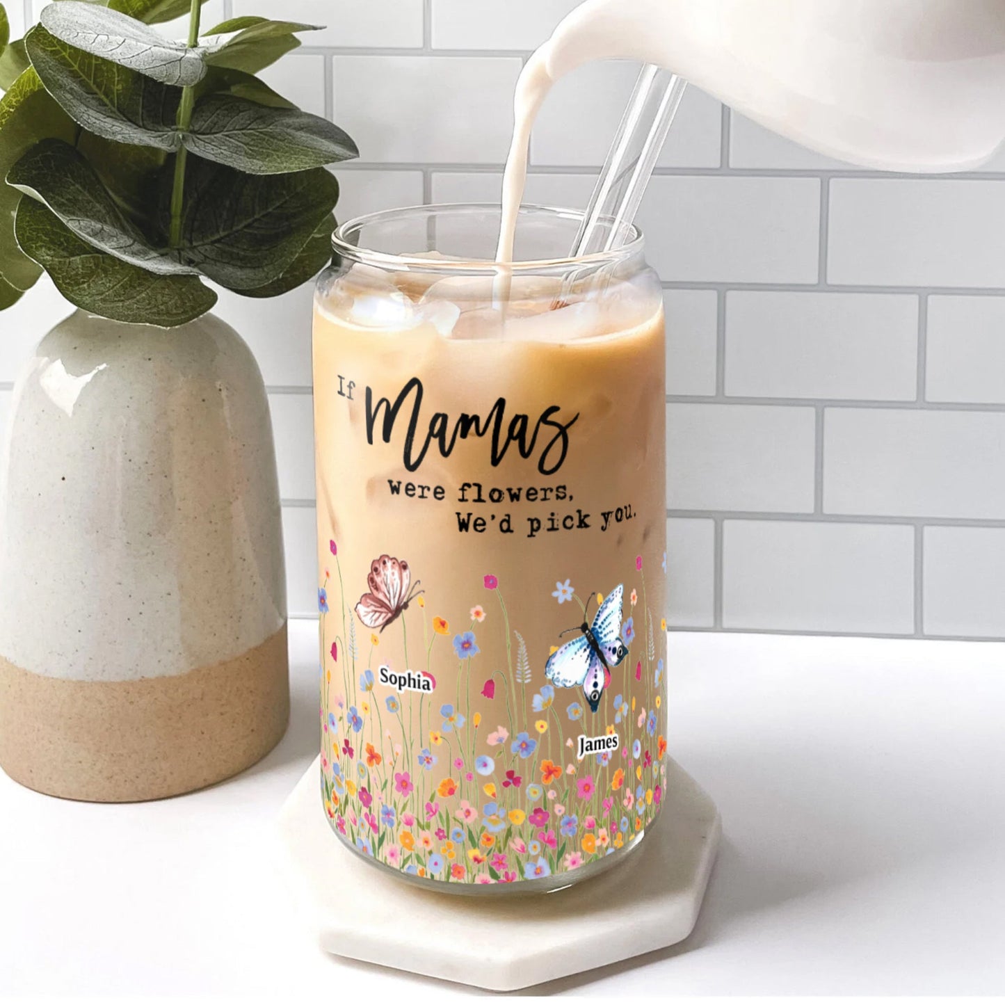 Mother And Grandmother Garden If You Are A Flower We Would Pick You Glass Bottle/Frosted Bottle With Lid & Straw Mother Gift - Personalized Glass Bottle