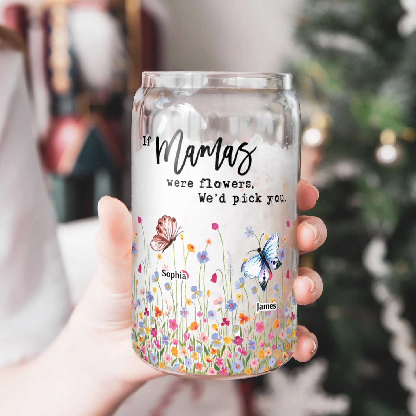 Glasflasche mit Aufschrift „Wenn du eine Blume wärst, würden wir dich pflücken“, mit Deckel und Strohhalm, personalisierte Glasflasche