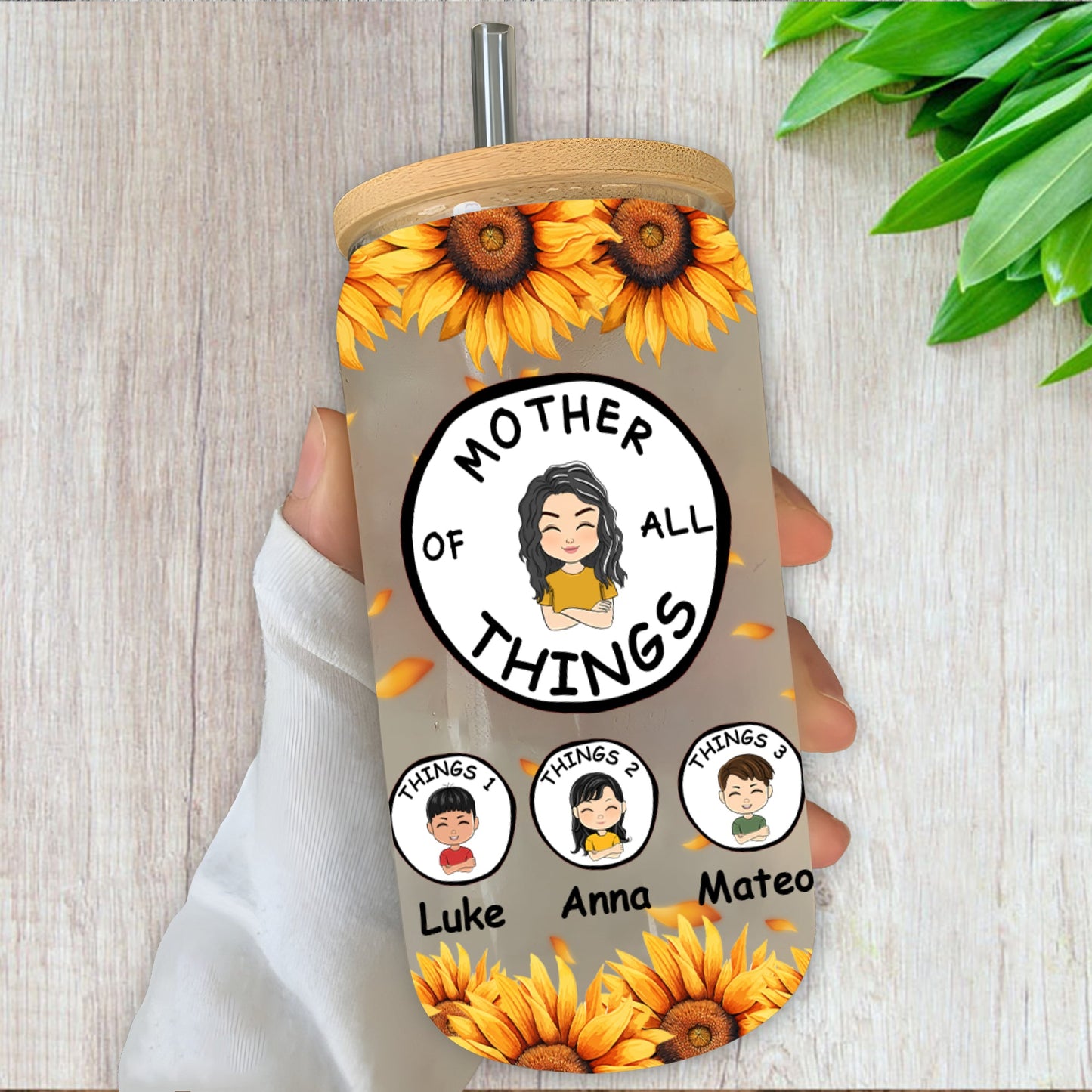 Mutter aller Dinge, das beste Geschenk für Mama, Glasflasche/Mattflasche mit Deckel und Strohhalm, Muttergeschenk – personalisierte Glasflasche