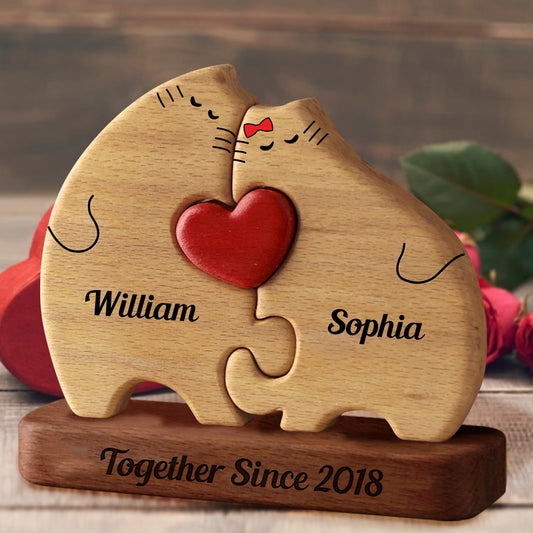 Personalisiertes Katzenpaar aus Holz als Jubiläumsgeschenk für Paare - Puzzle aus Holz, Katzenfamilie - Holzschnitzereien für Haustiere