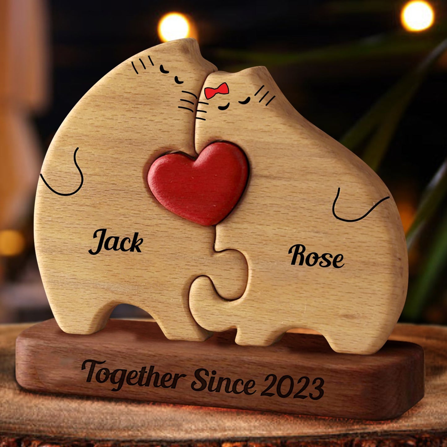 Personalisiertes Katzenpaar aus Holz als Jubiläumsgeschenk für Paare - Puzzle aus Holz, Katzenfamilie - Holzschnitzereien für Haustiere