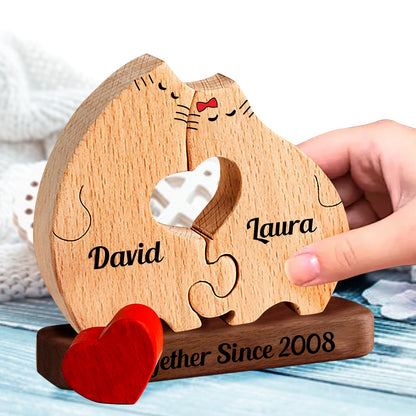 Personalisiertes Katzenpaar aus Holz als Jubiläumsgeschenk für Paare - Puzzle aus Holz, Katzenfamilie - Holzschnitzereien für Haustiere