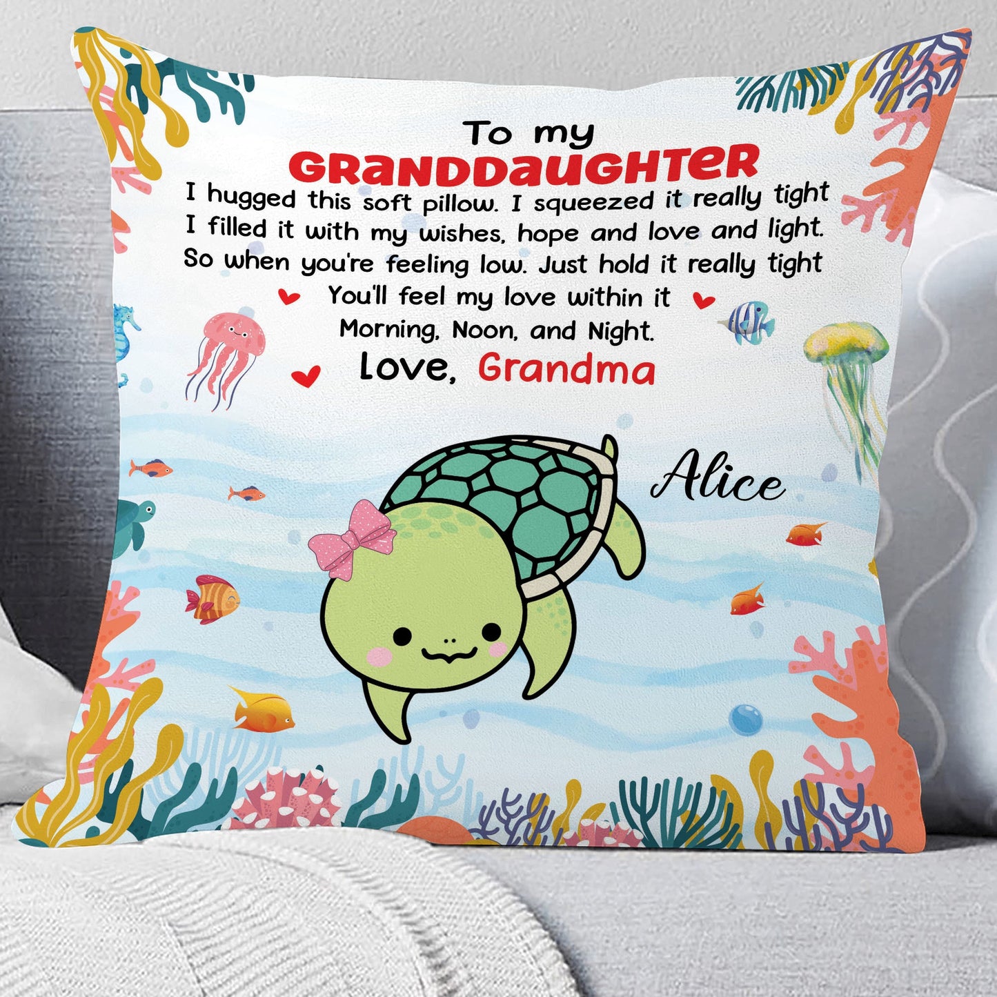 Personalized Custom Icon Turtle Hug This Pillow, Gift For Granddaughter, Gift For Grandson