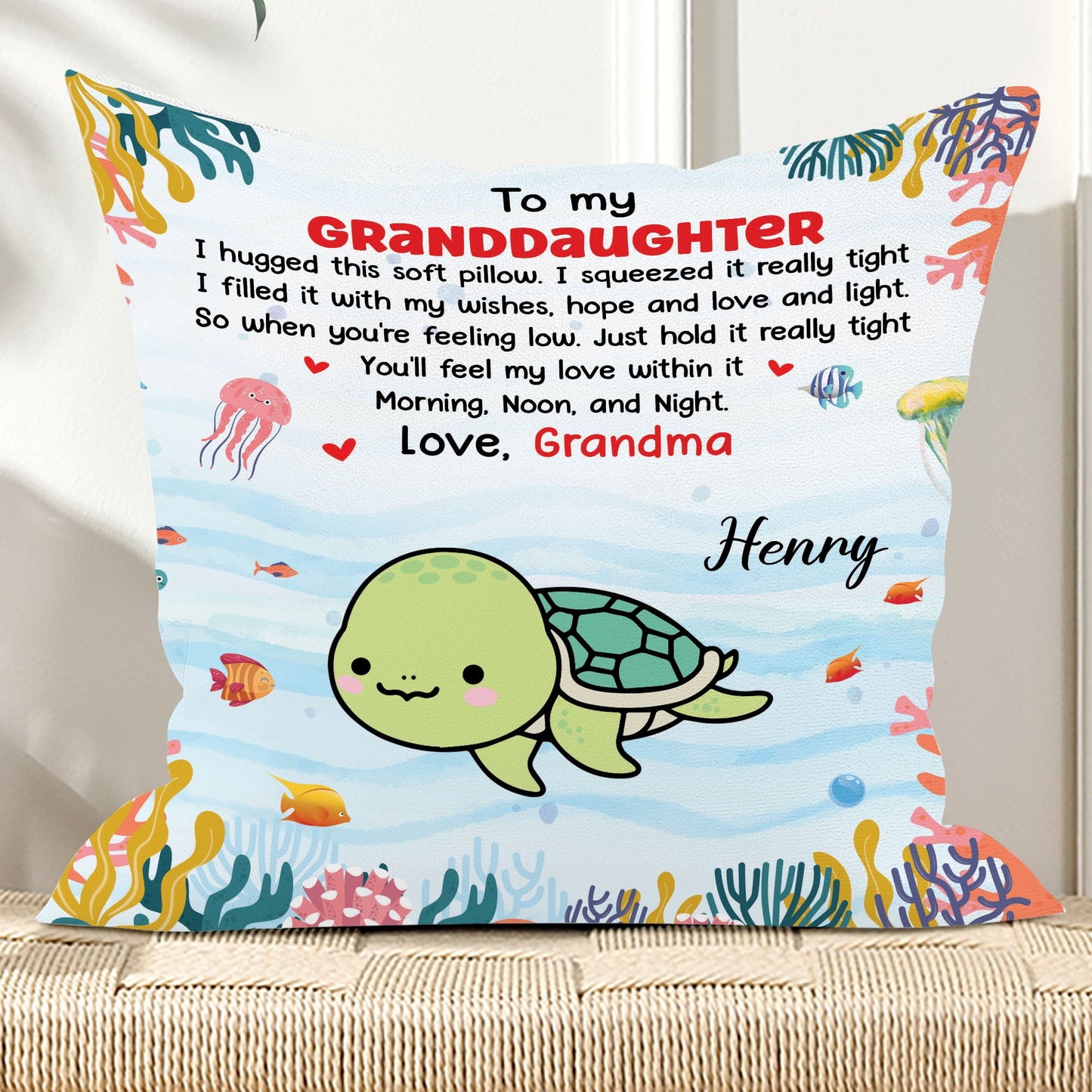 Personalized Custom Icon Turtle Hug This Pillow, Gift For Granddaughter, Gift For Grandson