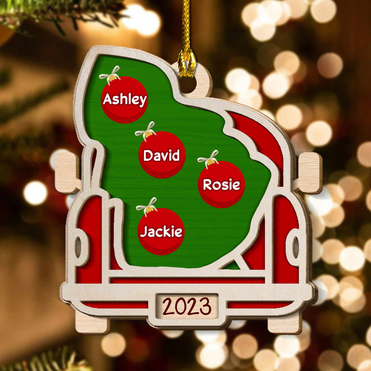 Red Truck With Christmas Tree For Our Family - Custom Shape Wood Ornament - Wood Ornament 2 Layered