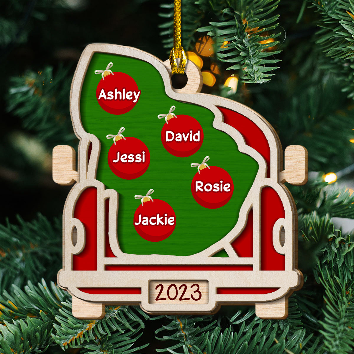 Red Truck With Christmas Tree For Our Family - Custom Shape Wood Ornament - Wood Ornament 2 Layered