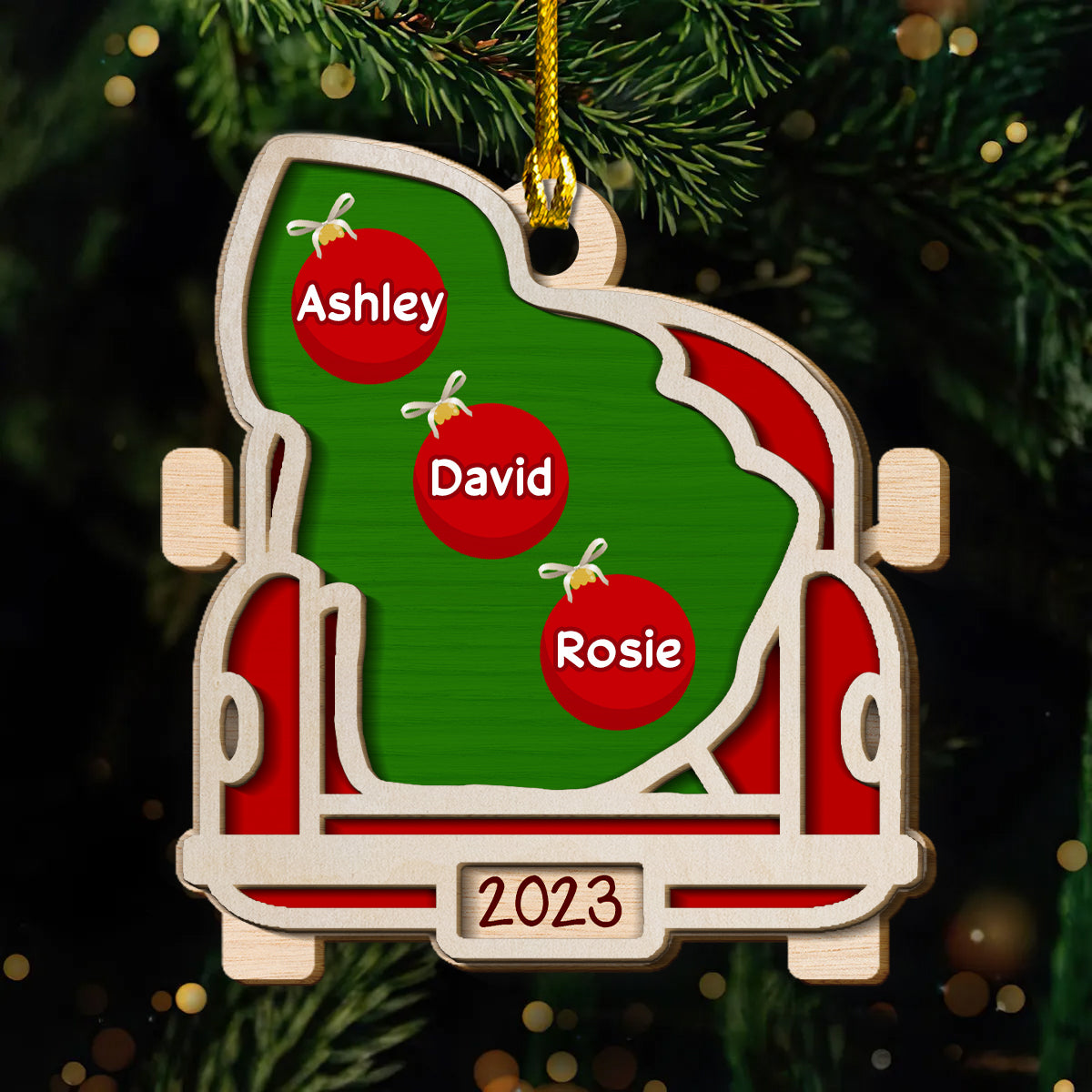 Red Truck With Christmas Tree For Our Family - Custom Shape Wood Ornament - Wood Ornament 2 Layered