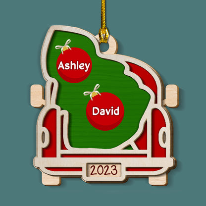 Red Truck With Christmas Tree For Our Family - Custom Shape Wood Ornament - Wood Ornament 2 Layered