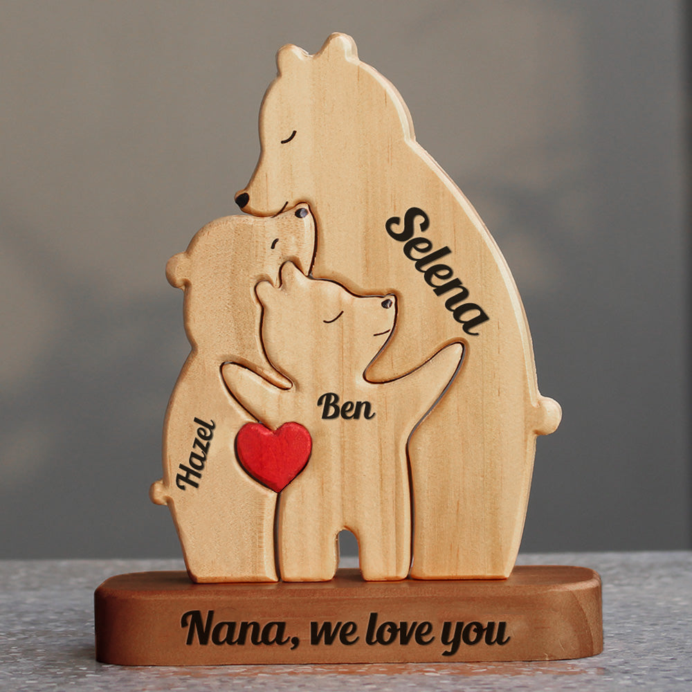 Personalized Single Parent Family With Stand - Puzzle Wooden Bear Family - Wooden Pet Carvings