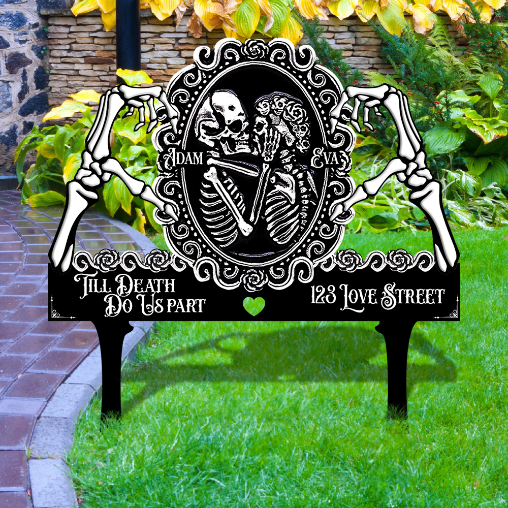 Totenkopf-Paar, bis dass der Tod uns scheidet, bestes Geschenk für Paare – individuelles Metallschild für den Garten