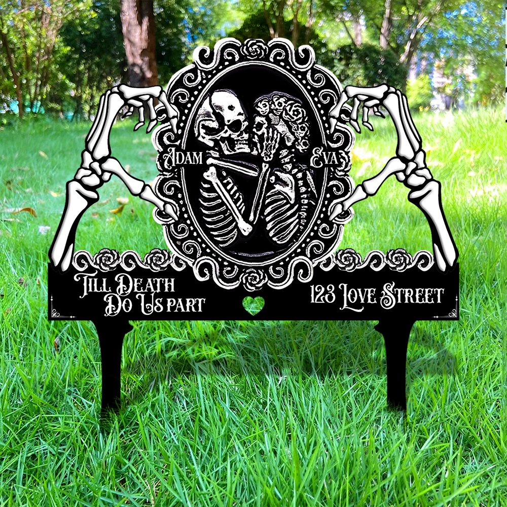 Totenkopf-Paar, bis dass der Tod uns scheidet, bestes Geschenk für Paare – individuelles Metallschild für den Garten